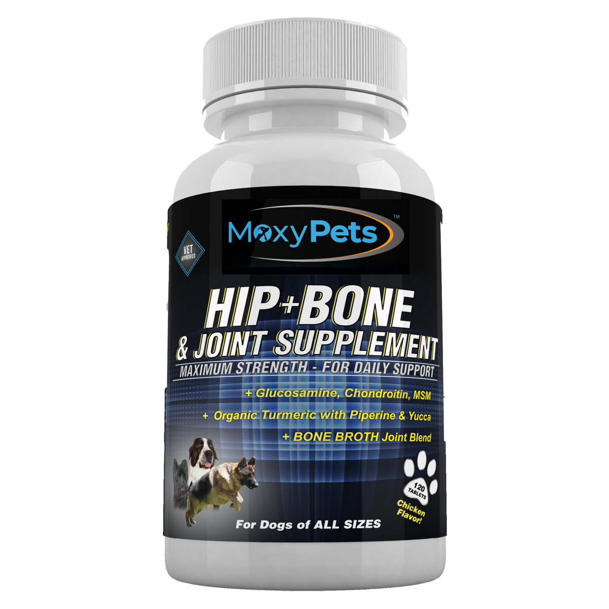 Moxy Pets Hip + Bone & Joint Supplement bottle on a white background