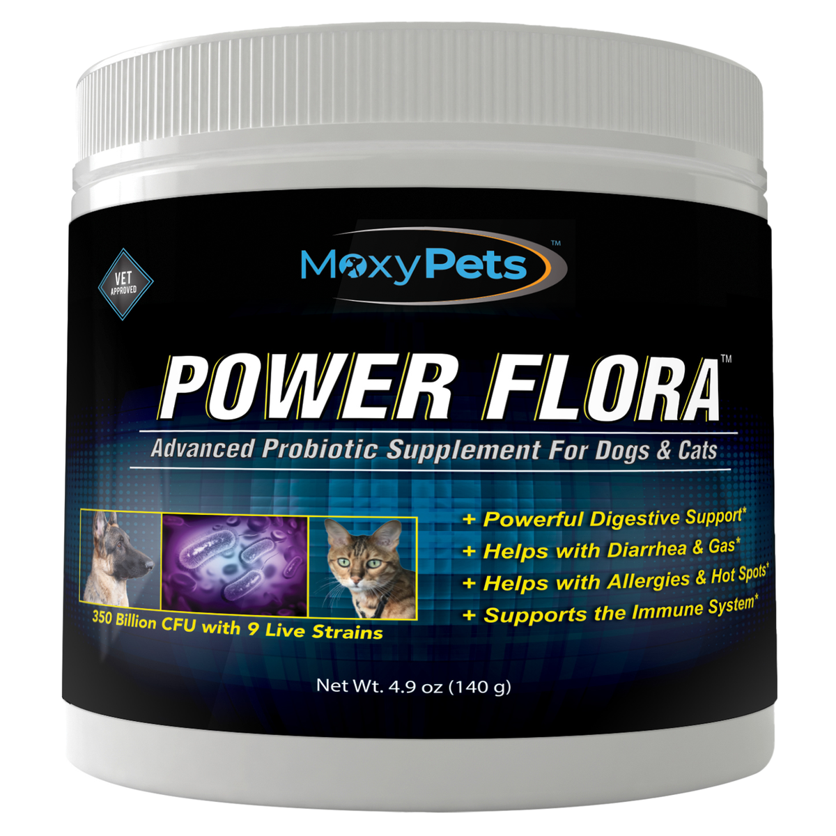 Moxy Pets Power Flora supplement container for dogs and cats on a white background